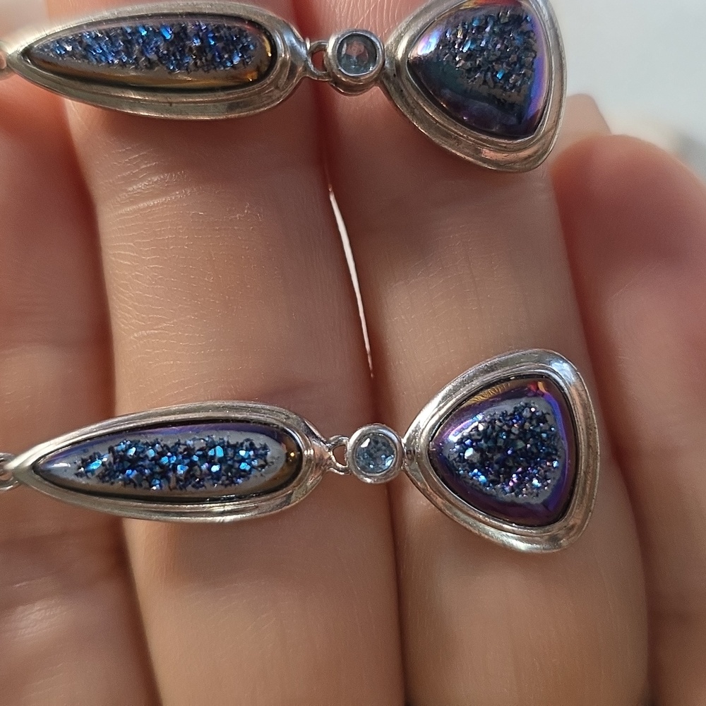 Elegant Silver and Blue Dangle Earrings Druzy 925 & Blue Topaz